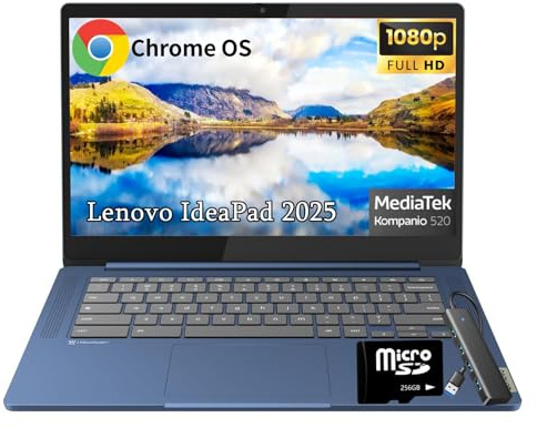 Lenovo IdeaPad Slim 3 Chromebook 2025, MediaTek Kompanio 520, Display FHD da 14 ″ (1920 x 1080), Chrome OS, 4 GB LPDDR4X, 320 GB di archiviazione (64 GB eMMC+256 GB MSD), Wi-Fi 6, per studenti di