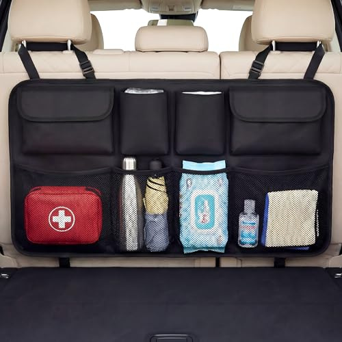 Barpre Car Boot Organiser, Waterproof Hanging Back Seat Storage Bag with 8 Pockets, Heavy Duty Car Tidy Accessories for SUV MPV Van, Space Saving Trunk Holder for Tools Groceries & Travel Essentials