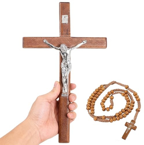 YI Boutique Crucifix Wall Cross, 8 Handmade Catholic Crosses, with Wooden Rosary, Wall crucifixes, Wood Crucifix for Wall, Jesus Christian Wall Hanging Cross (Brown)