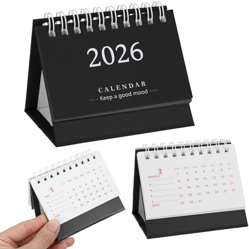 Mini calendrier 2025 2026 - Petit calendrier de table - Septembre 2025 à décembre 2026 - Mini calendrier de bureau - Petit planificateur familial - Noir