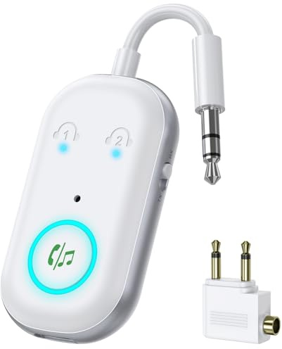 Receptor transmisor Bluetooth 5.3, adaptador de audio inalámbrico de avión 2 en 1 con doble conexión, 13 horas de reproducción, Plug and Play, adaptador de auriculares Bluetooth portátil para TV, PC