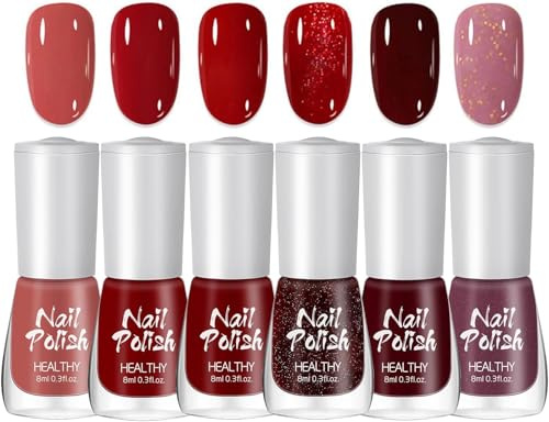 Red Nail Polish Set - 6Pcs 6Pcs Quick Dry Nail Varnish - Dark Red Burgundy Purple Glitter red Glitter Pink Nail Varnish Set - Natural Chip Resistant Nail Polish Non Toxic - Gifts for Women