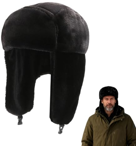 Yuwnd Unisex Winter Fellmütze, Schwarze Ushanka Wintermütze mit Ohrenklappen, Russische Mütze für Skaten, Outdoor oder den täglichen Gebrauch