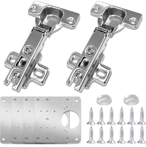 Mirdinner Cabinet Hinges - 2 Pcs Kitchen Cupboard Hinges with 4Pcs Repair Plate, Cabinet Bumpers & Mounting Screws