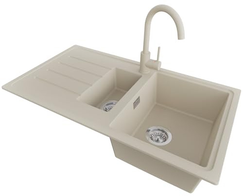 PRIMAGRAN Fregadero Granito al Mueble 60cm + Grifo, 90x50cm | Set: Grifo BW5010 + Kit de desagüe (sifón, válvula, rebosadero) + Copenhague Duo 1,5 Senos para Cocina, Beige