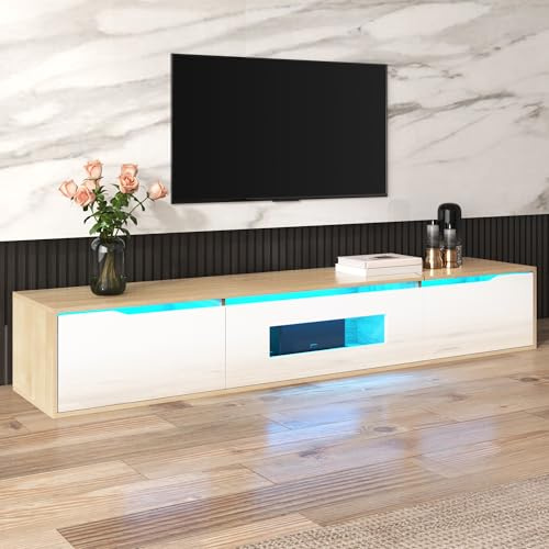 vutizal Meuble TV de 180 cm avec LED RVB - Meuble TV moderne avec 16 couleurs de lumière - Meuble de salon aspect bois blanc et portes striées