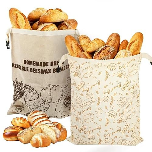 Reusable Large Beeswax Bread Bags for homemade bread: 2 Pack Washable Breathable Cotton Linen Bags With Zipper Closure For Homemade Sourdough & Artisan Loaves, Food Safe Freshness Longer (40x30cm)