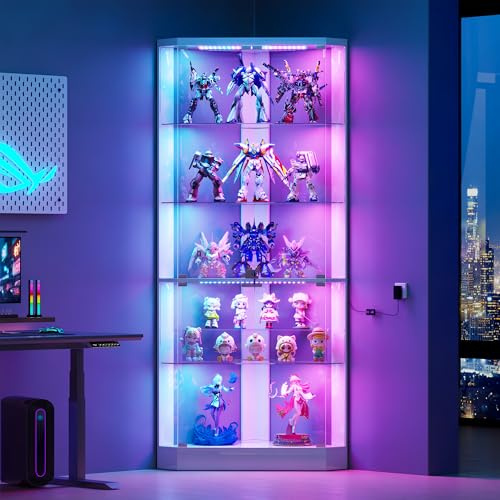 OUTDOOR DOIT Eckvitrine – mit RGB Beleuchtung,5-Lagen Glasvitrine Vitrine mit Intelligente Sensorik,175 cm Höhe Vitrinenschrank Bücherregal Sammlervitrine Und Wohnzimmer Vitrine für Schlafzimmer Weiß