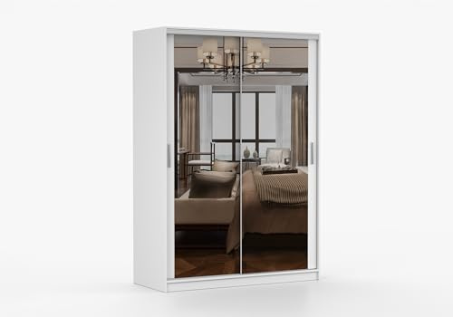Fabryka Mebli Idźczak Schwebetürenschrank 150 cm breit Weiß mit Spiegel, Metallführungen Rollenlauf, Kleiderstange Einlegeböden, 16 mm Laminatplatte, Schlafzimmer Ankleide