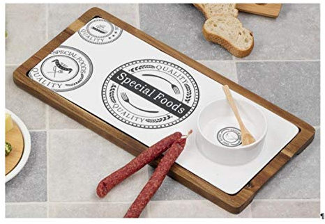 Hoff Interieur 6802 Antipasti-Set Special-Foods Holzbrett mit Porzellaneinsatz, Dipschale und Löffel