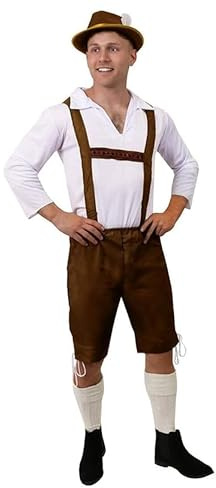 Costume bavarois pour homme – Pantalon marron style lederhosen et chemise blanche de style traditionnel – Parfait pour une soirée d'enterrement de vie de garçon ou toute fête costumée (taille XL)