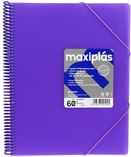 Grafoplas | Kunststoff-Hüllen A4 | 60 transparente Hüllen | starrer Deckel violett | PVC-Spirale | 360-Grad-Öffnung | inklusive Umschlag | Archiv für Schule und Büro | Durchscheinende Maxiplas