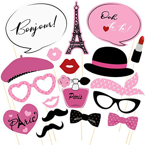 BESTOYARD Paris Foto Booth Requisiten Kit Paris Party Dekoration Paris Themenorientierte Requisiten für Geburtstag Hochzeitsclub Junggesellenabschied Gefälligkeiten （18 STÜCKE Rosa）