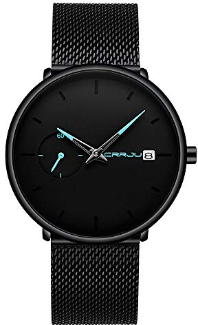 Unendlich U- Relojes Hombre de Malla Ultra Fino Negro Relojes de Pulsera de Moda Minimalista Casual Reloj de Cuarzo Impermeable