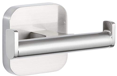 tesa ESTEETIC Doppel-Handtuchhaken, verchromt - Bad-Haken mit doppelter Aufhänge-Lösung, zur Wandbefestigung ohne Bohren, inkl. Klebelösung - 80mm x 50mm x 43mm