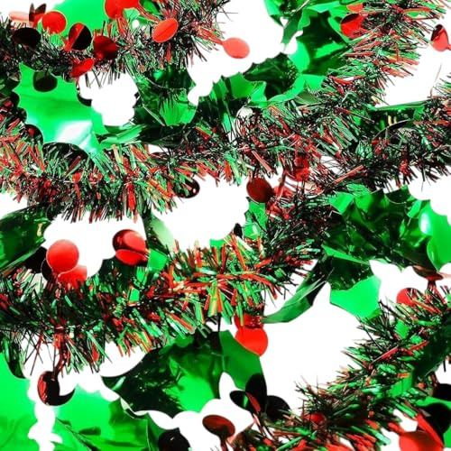YLAB - 3-Pack Holly Berry Christmas Tinsel – 2m Strands, 13cm Thick Festive Green & Red Decoration