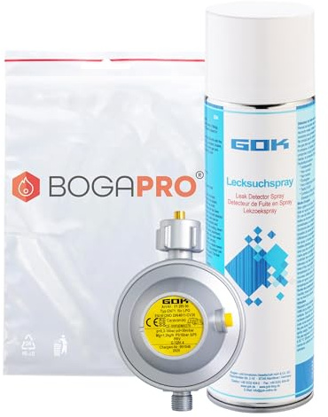 BOGARPRO Caravanregler und Lecksuchspray 400ml 2er Set, Gasdruckregler 30 mbar 1,2 kg/h Polybeutel, Spray zur Lecksuche bei Dichtheits- und Gasdruckprüfungen