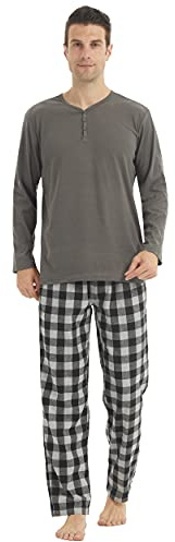 Pijamas para Hombre, Conjunto de Forro Polar a Cuadros, Ropa de Dormir Suave, Pantalones de Algodón con Parte Superior de Manga Larga