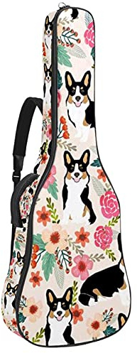 Gitarrentasche mit verstellbarem Schultergurt, Gitarrentasche für Bassgitarre unter 42 Zoll (106 cm), Pink Flower Cute Corgi