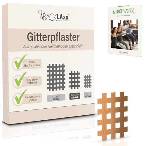 BACKLAXX® Gitterpflaster Set 120 Stk, Gittertape Akupunkturpflaster Typ c | 120 Crosstapes in der Größe b in beige, Cross Tape hautfreundlich & wasserabweisend, hält 7 Tage, eBook mit 60 Anwendungen