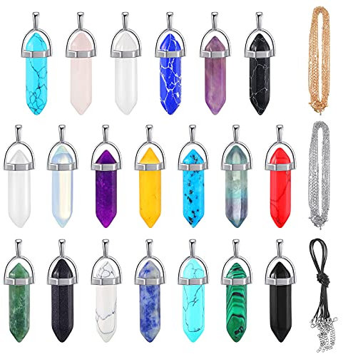 Batiyeer Stücke Anhänger Halskette Schmuckherstellung Set Kugelform Edelstein Sechseckiges Chakra Kristall Spitzer Stein und Schwarz Leder Kette Silber Gold Legierung für DIY