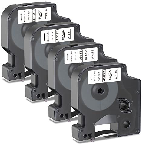 Kompatibel mit Etikettenband Ersatz für DYMO D1 Etikettenband 12 mm x 7 m 45013 1/2 Ersatz für DYMO LabelManager 160 210D 260P 280 360D 420P 450D Etikettendrucker Schwarz auf Weiß,4er Pack (4)