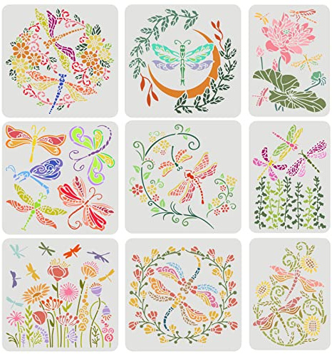 FINGERINSPIRE 9 STÜCKE Libelle Blumen Schablonen 2 Größen Blumenkranzschablonen Blumenbusch Lotus Ranke Zeichenschablonen DIY Kunststoff Schablonen große Vorlage zum Malen auf Holzwandstoffen