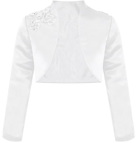 Yhong Girls Satin Bolero Shrug Long Sleeve Open Front Cardigan Jacket Wedding Pageant First Communion Dress Cover Up White 9-10 Years