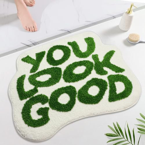 Waslary You Look Good Badematte TüRmatte Personalisiert Lustig Rug Absorbierende Badematte Waschbar Badezimmerteppich Antirutschmatte Badewanne 64x54cm, Grün