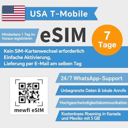 USA eSIM (USA, Mexiko, Kanada universal), unbegrenzte Internet-Daten, T-Mobile SIM, unbegrenzte Geschwindigkeit US Prepaid-Karte, unbegrenzte Ortsgespräche und lokale Texte. (7 Tage)