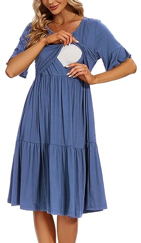 Smallshow Damen Stillkleid Kurzarm Rüschen Umstandskleid Umstandsmode,Grey Blue,S