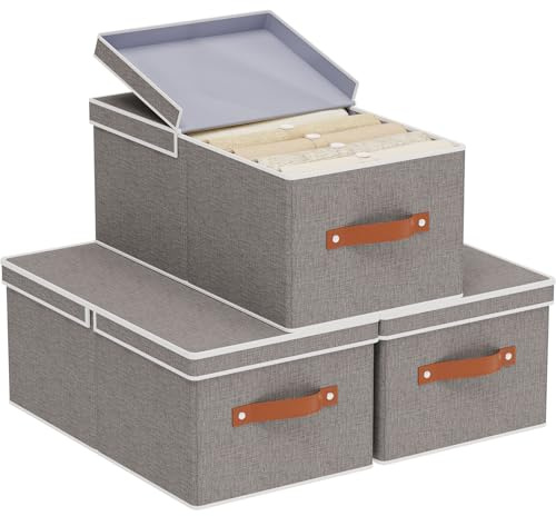 YheenLf 3 Pezzi Scatola con Coperchio Rimovibile, 47×28×20cm Organizer Armadio Cassetti, Salvaspazio, Contenitori con Maniglia, Scatole per Vestiti da Letto a Casa, Grigio