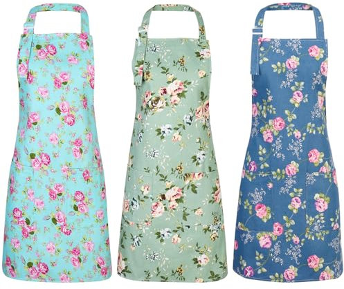 KroY PecoeD 3pcs Vintage Flower Aprons, Adjustable Canvas Aprons with 2 Pockets Kitchen Cooking Apron Chef Bakers Aprons