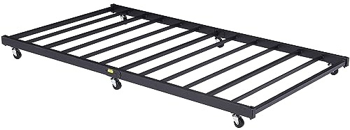 VECELO Twin Trundle Bed Frame Only/Roll Out/Enhanced & Up-Graded Metal Slats Support with Lockable Casters, Pure Black