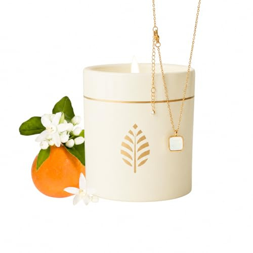 Les Merveilleuses | Bougie Bijou Parfum Fleur d'Oranger | Céramique Blanc | Collier Pierre Nacrée Plaqué Or 18 Carats | Cire Colza 100% Naturelle | Cadeau Femme | 470g