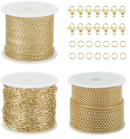 Bestewelry 3 Rollen Büroklammerketten aus 304 Edelstahl, Boxkette, Kabelkette mit Karabinerverschlüssen, Biegeringe Goldkette für Schmuckherstellung