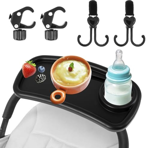 Baby Stroller Snack Tray with Cup Holder Universal Pram Food Tray Removable Reusable Storage Holder with Adjustable Buckle and Hooks for Strollers (With hook, 39×18.5×6cm)