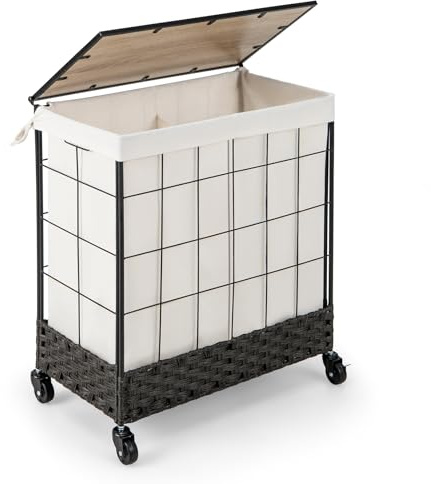 COSTWAY Laundry Basket on Wheels, 110L/130L Woven Rattan Laundry Hamper with Wooden Lid and Removable Liner Bag, Metal Frame 2-Compartment Laundry Sorter Dirty Clothes Bin Washing Basket (56x33x67cm)