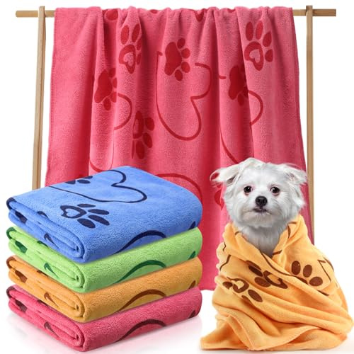 Fanfanwin 4 Pcs Dog Bath Towels Microfiber Drying Dog Towel Absorbent Pet Heart Paw Towels for Medium Dogs Puppy Cats Pets Shower(Blue, Yellow, Pink, Apple Green)