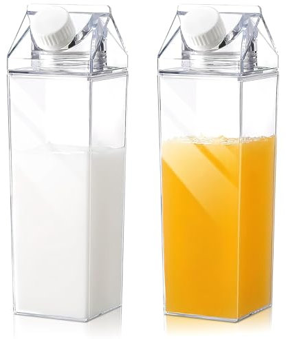DAWRIS Transparent Plastic Milk Bottles Milk Cartons, 2 Pcs Plastic Milk Carton Water Bottle Milk Minder Milk Jug with Lid, Milk Storage Bottles Milk Container for Work, Juice Container for Fridge