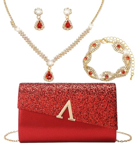 OUAYEMEL Glitzer Abend-Clutch für Damen, Glitzernde Handtasche für Hochzeiten und Bälle, 4-teiliges Strass-Schmuckset.