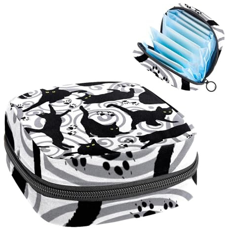 Aufbewahrungstasche für Damenbinden, Menstruationstasse, Tamponbeutel, Periodeneinlagen-Halter, Organizer für Frauen und Mädchen, schwarze Katzen- und Pfotenabdrücke