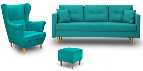 Bonni Sofagarnitur, Couch mit Kissen, Ohrensessel, Wohnzimmersofa mit Armlehnen, Skandinavisches Sofa mit Schlaffunktion (Türkis, 3-Sitzer, 1x Sessel, 1x Fußhocker)