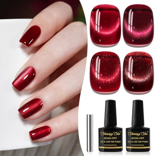 Shining She Gel Nail Polish Jelly Cat Eye, 4 Colours Blood Red Burgundy Crystal Magnetic Gel Polish with Magnet Soak-Off UV/LED Glitter Gel Polish for Nail Art Salon DIY Home, 8 ML