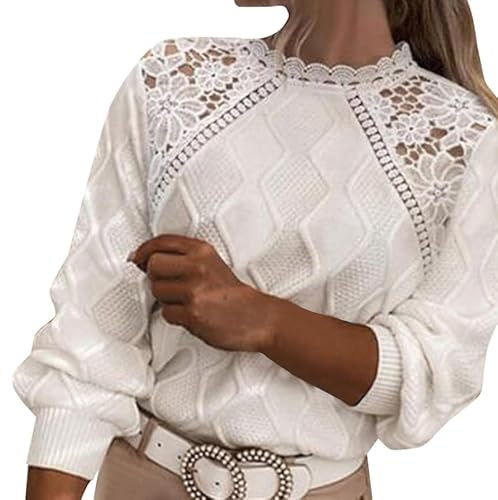 Pull Femme Chic Et Elegant en Maille Torsadé Manches Longues Puff Ample Sexy Sweatshirt Crochet Ajouree Patchwork Multicolore Pas Cher Hauts Casual Fall Tops