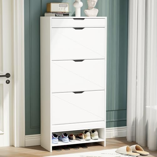 Organizedlife Meuble à chaussures avec 3 tiroirs rabattables, meuble de rangement moderne à chaussures, table console avec tiroir de rangement supérieur, étagère à chaussures autoportante pour entrée