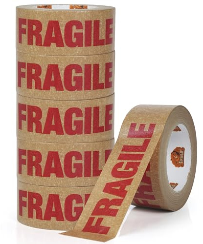 TAPEBEAR Fragile Kraft Paper Tape 50mm x 50m, Biodegradable Packaging Brown Paper Tape Self Adhesive Box for Small Business, Shipping, Sealing, Moving, 6Rolls