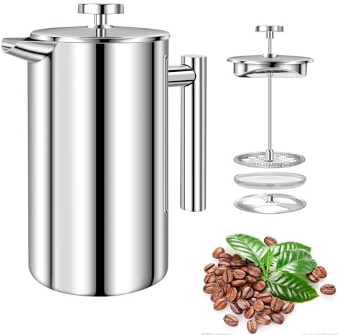AUTOFU Cafetière à piston, 6-8 tasses Cafetiere en acier inoxydable à double paroi isolée, cafetière à piston portable pour la maison, le bureau, le camping, 1000ml / 34 Oz