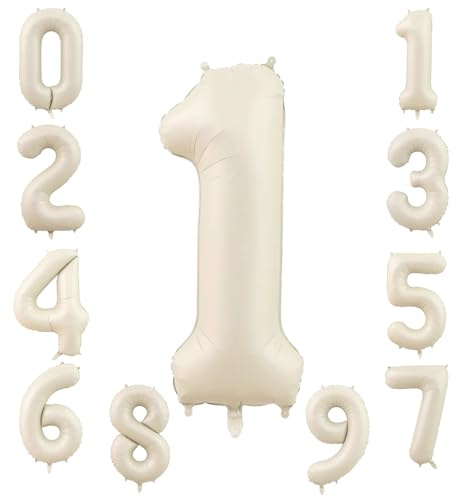 KOBOKO Beige Zahlen Luftballon 1, 40 Zoll Folienballon 1, Creme Weiß Luftballons 1. Geburtstag, 101cm Sandweiß Zahlen Ballon 1 Geburtstag, Helium Ballons Zahl Groß 1 Geburtstagsdeko Party Deko