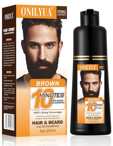 Men's Beard Dye, Brown Beard Dye Shampoo for Gray Hair Coverage, Root Touch Up, 3 in 1 Simpler Hair Color for Men, Long Lasting Hair Dye Shampoo for Beard & Mustache, 200 ml